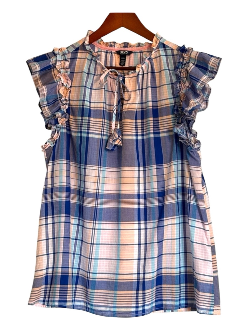 Chaps Plaid Ruffle Flutter Sleeve Keyhole Tie Front 100% Cotton Top Size Large